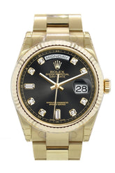 Rolex Day-Date 36 Black Set With Diamonds Dial Fluted Bezel Yellow Gold Watch 118238